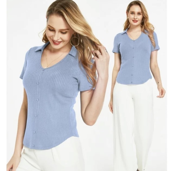 New SSLR V Neck T Shirts for Women Short Sleeve Summer Tops Ribbed Trendy Shirts - Picture 3 of 15